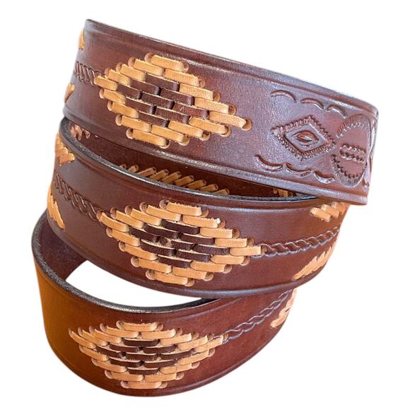 Brown Leather Mens 42 Western Belt Tan Dk Brown Stitching Southwest Cowboy - Picture 2 of 9